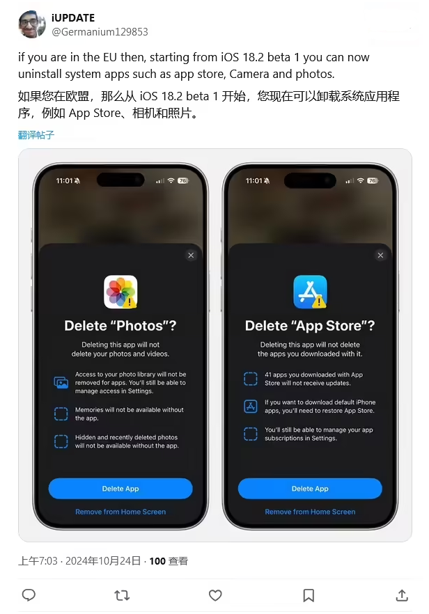 高要苹果手机维修分享iOS 18.2 支持删除 App Store 应用商店 